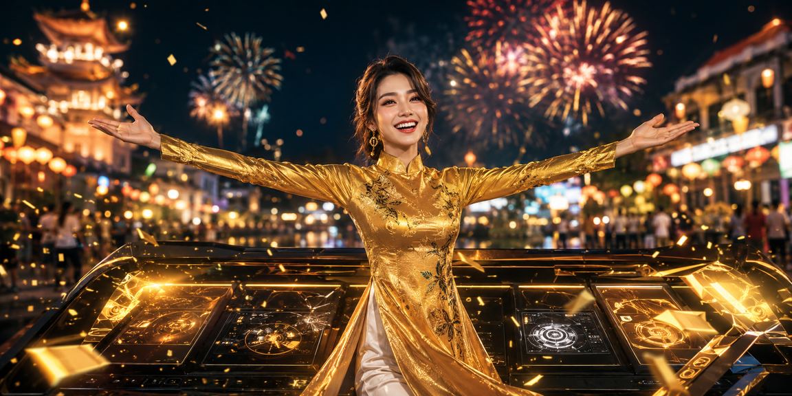 Cảnh Phú Quốc về đêm với người chơi esports mặc áo dài truyền thống, thể hiện tinh thần kết hợp hiện đại và bản sắc Việt Nam